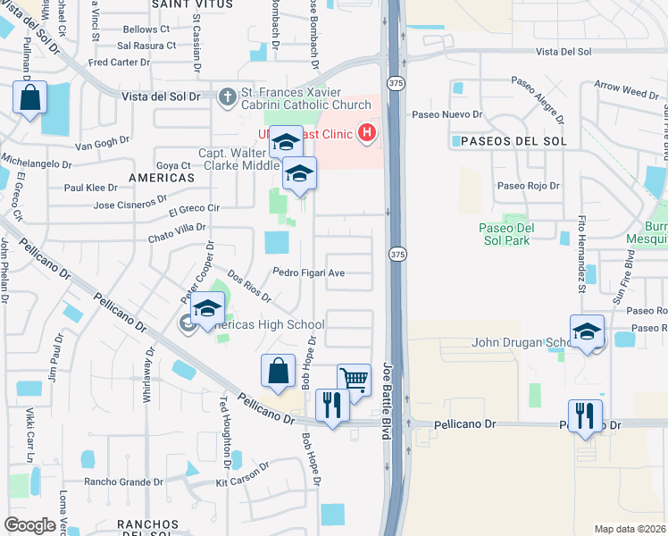 map of restaurants, bars, coffee shops, grocery stores, and more near 12223 Pedro Figari Avenue in El Paso