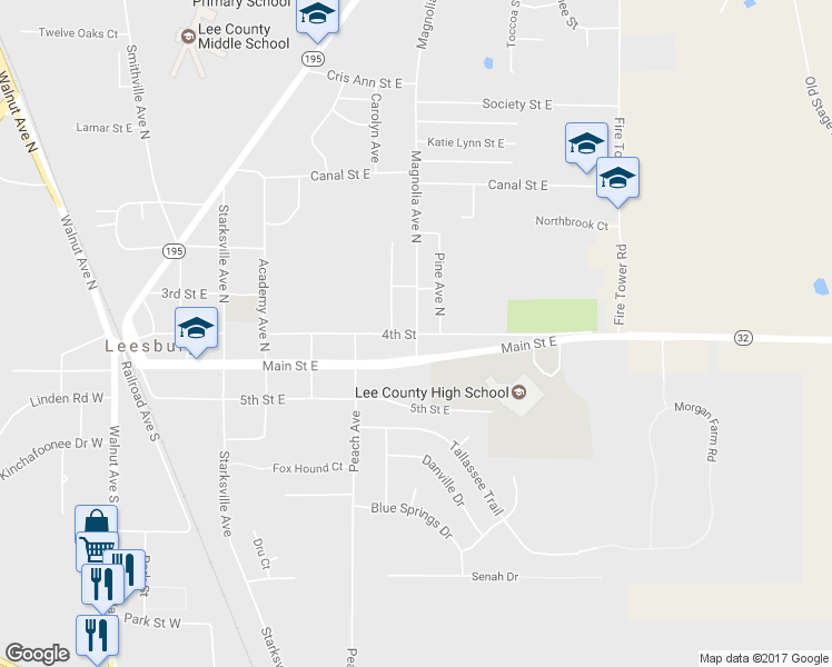 map of restaurants, bars, coffee shops, grocery stores, and more near 113 Magnolia Avenue North in Leesburg