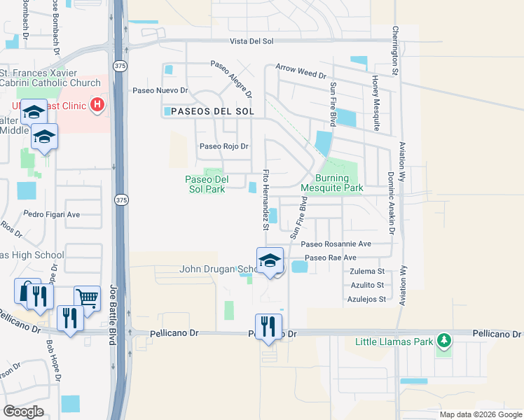 map of restaurants, bars, coffee shops, grocery stores, and more near 1361 Fito Hernandez Street in El Paso