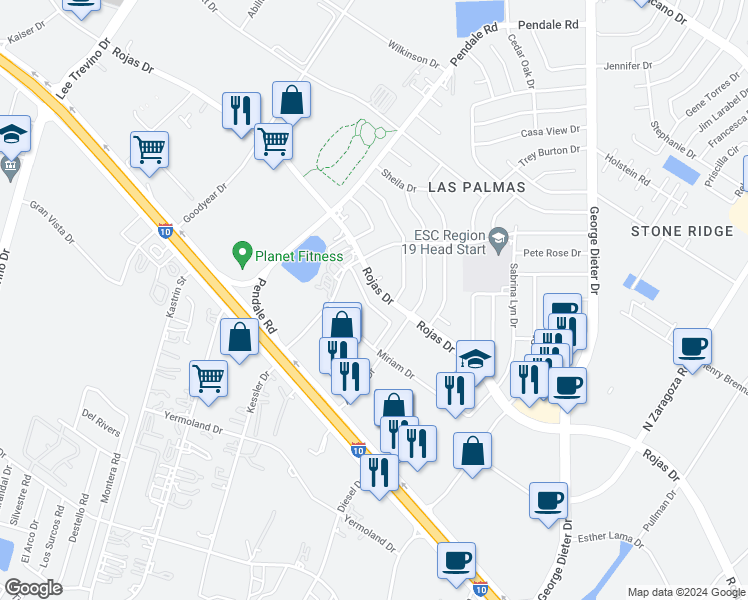 map of restaurants, bars, coffee shops, grocery stores, and more near 11679 Dos Palmas Drive in El Paso