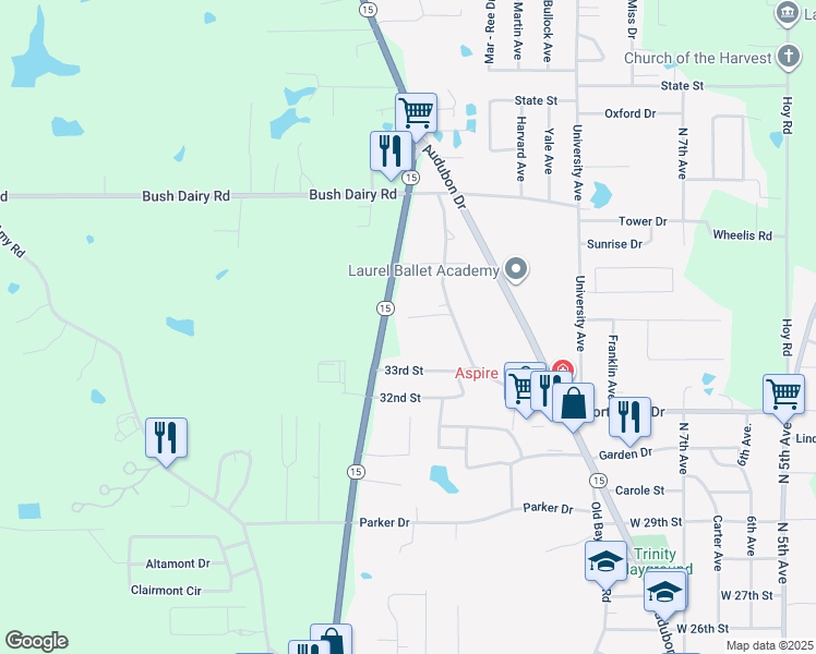 map of restaurants, bars, coffee shops, grocery stores, and more near 7 Stonesthrow Drive in Laurel