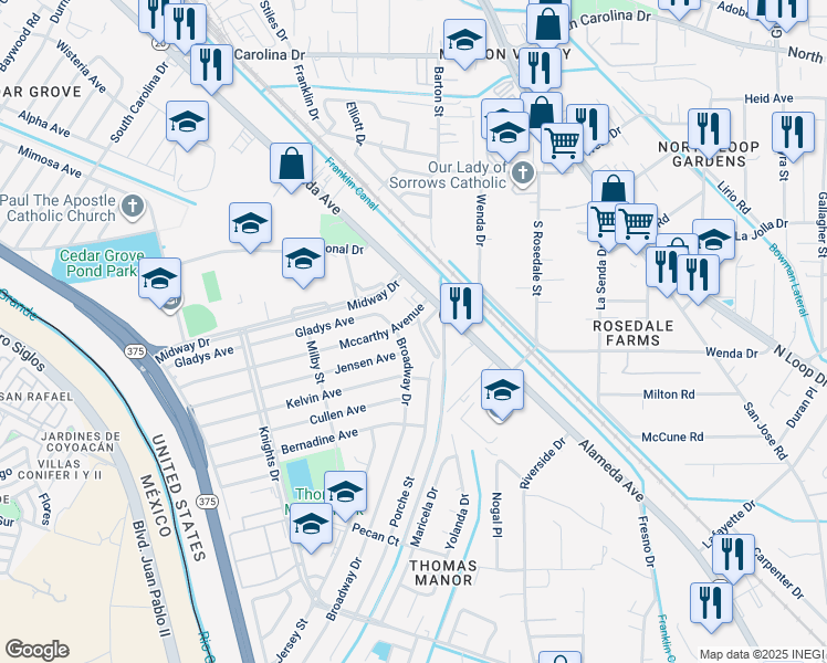 map of restaurants, bars, coffee shops, grocery stores, and more near 120 Mccarthy Avenue in El Paso