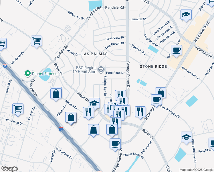 map of restaurants, bars, coffee shops, grocery stores, and more near 1360 Sabrina Lyn Drive in El Paso