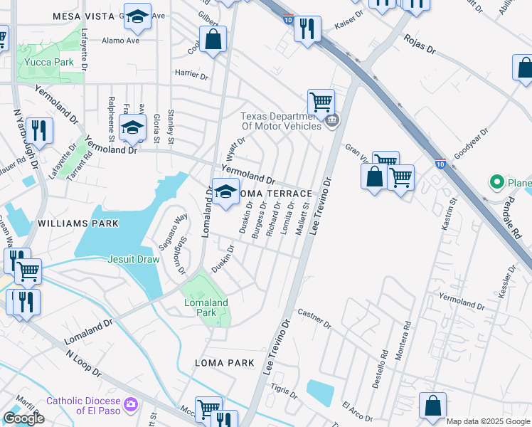 map of restaurants, bars, coffee shops, grocery stores, and more near 933 Richard Drive in El Paso