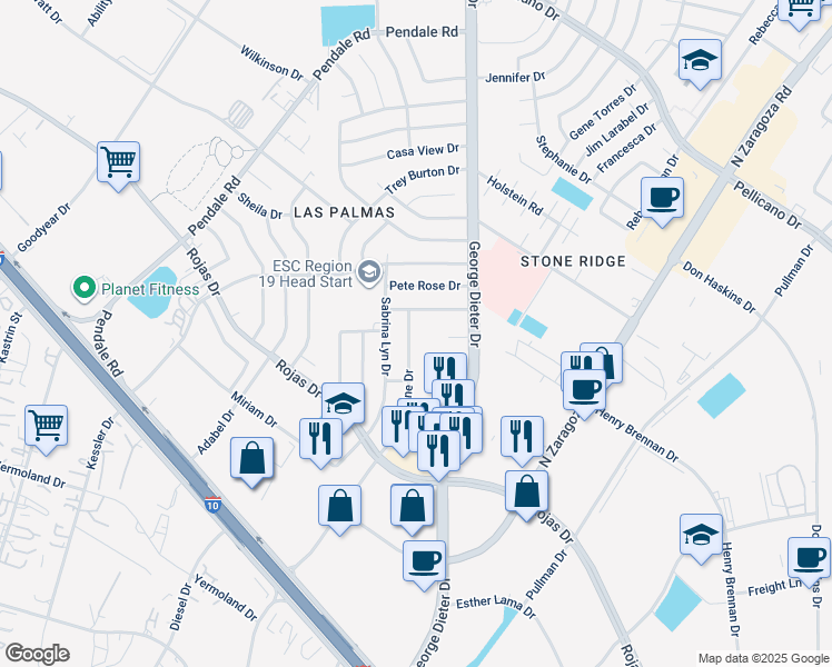 map of restaurants, bars, coffee shops, grocery stores, and more near 1376 Trudy Elaine Drive in El Paso