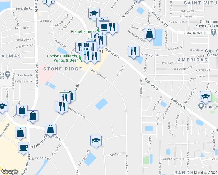 map of restaurants, bars, coffee shops, grocery stores, and more near 1353 Pullman Drive in El Paso