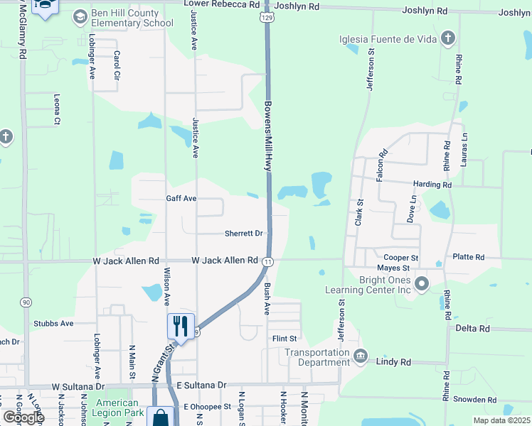 map of restaurants, bars, coffee shops, grocery stores, and more near 242 Bowens Mill Highway in Fitzgerald
