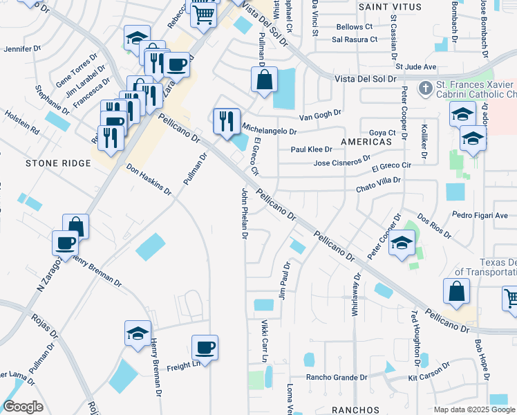 map of restaurants, bars, coffee shops, grocery stores, and more near 1417 Rudy Montoya Drive in El Paso