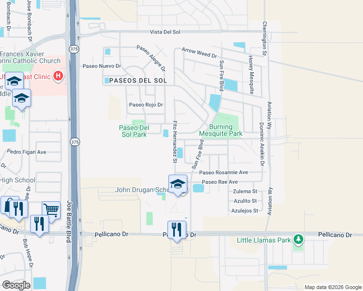 map of restaurants, bars, coffee shops, grocery stores, and more near 1361 Fito Hernandez Street in El Paso