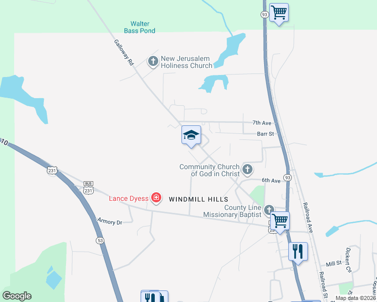 map of restaurants, bars, coffee shops, grocery stores, and more near 186 Hillcrest Court in Brundidge