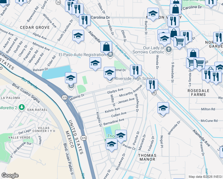 map of restaurants, bars, coffee shops, grocery stores, and more near 300 Gladys Avenue in El Paso