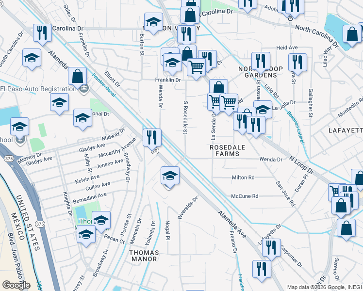 map of restaurants, bars, coffee shops, grocery stores, and more near 7798 South Rosedale Street in El Paso