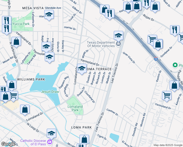 map of restaurants, bars, coffee shops, grocery stores, and more near 936 Duskin Drive in El Paso