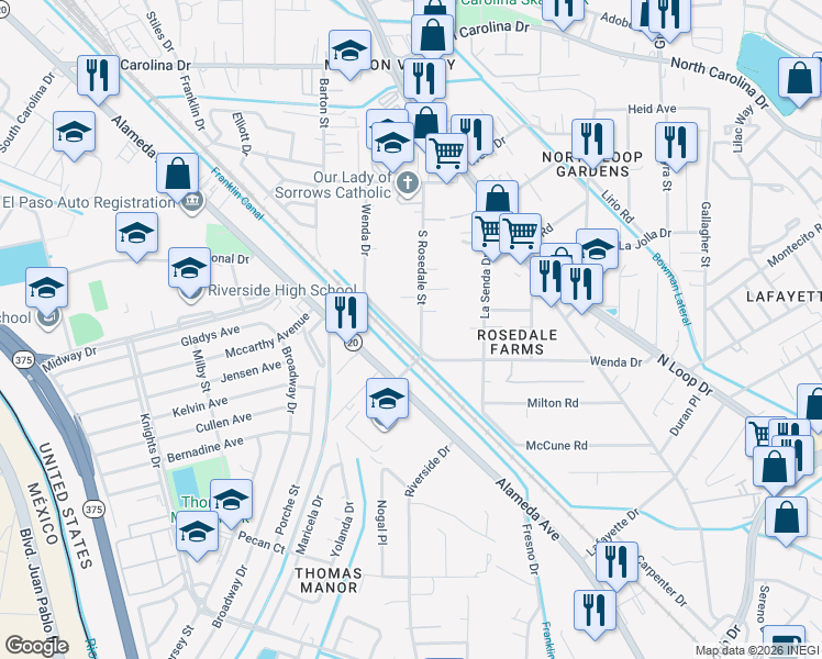 map of restaurants, bars, coffee shops, grocery stores, and more near 7798 South Rosedale Street in El Paso