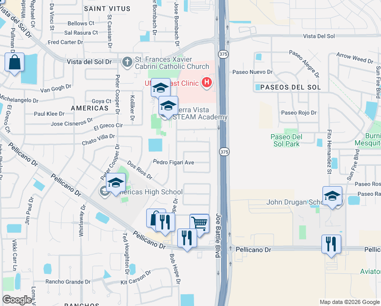 map of restaurants, bars, coffee shops, grocery stores, and more near 12223 Pedro Figari Avenue in El Paso