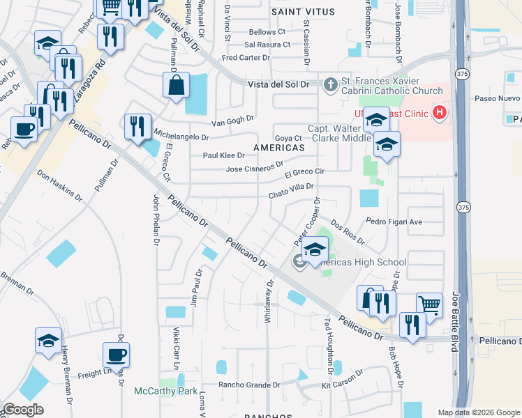 map of restaurants, bars, coffee shops, grocery stores, and more near 12046 Ben Proctor Drive in El Paso