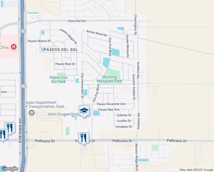 map of restaurants, bars, coffee shops, grocery stores, and more near 12573 Wolf Berry Drive in El Paso