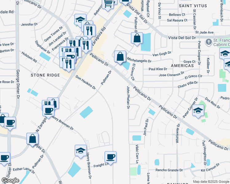 map of restaurants, bars, coffee shops, grocery stores, and more near 11970 Pellicano Drive in El Paso