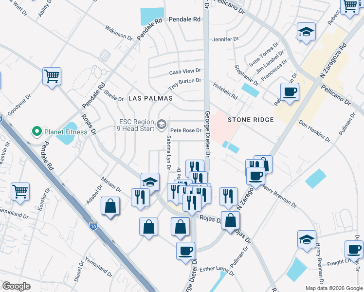 map of restaurants, bars, coffee shops, grocery stores, and more near 1388 Trudy Elaine Drive in El Paso