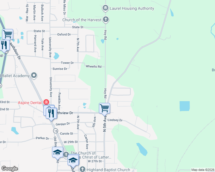 map of restaurants, bars, coffee shops, grocery stores, and more near 3859-3879 Sharon Road in Laurel