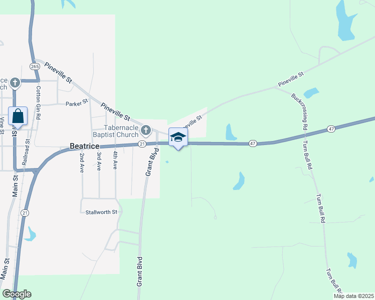 map of restaurants, bars, coffee shops, grocery stores, and more near 17688 Alabama 21 in Beatrice