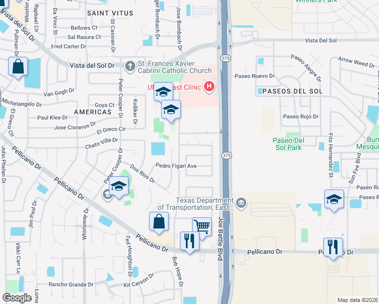 map of restaurants, bars, coffee shops, grocery stores, and more near 1450 Cassatt Place in El Paso