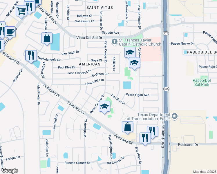 map of restaurants, bars, coffee shops, grocery stores, and more near 12174 Chato Villa Drive in El Paso