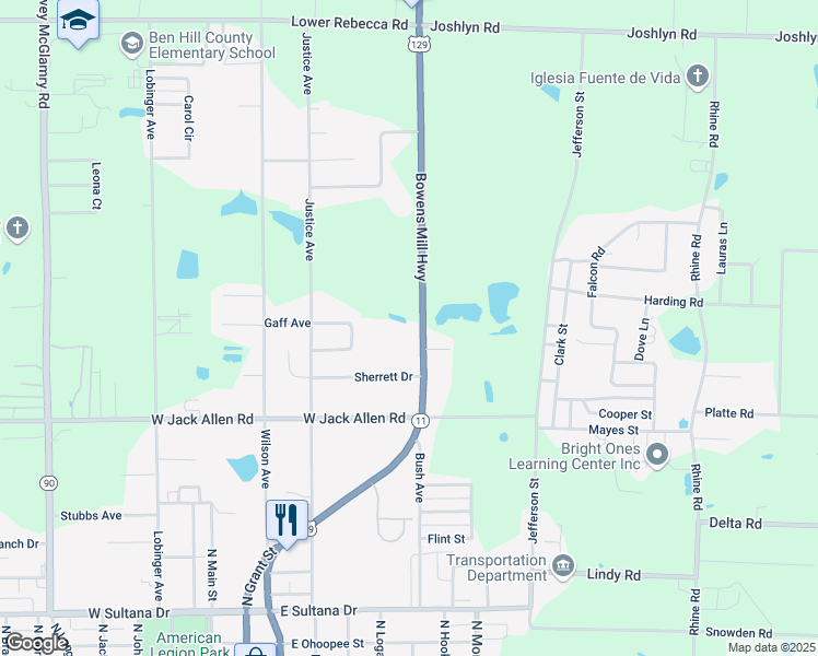 map of restaurants, bars, coffee shops, grocery stores, and more near 242 Bowens Mill Highway in Fitzgerald