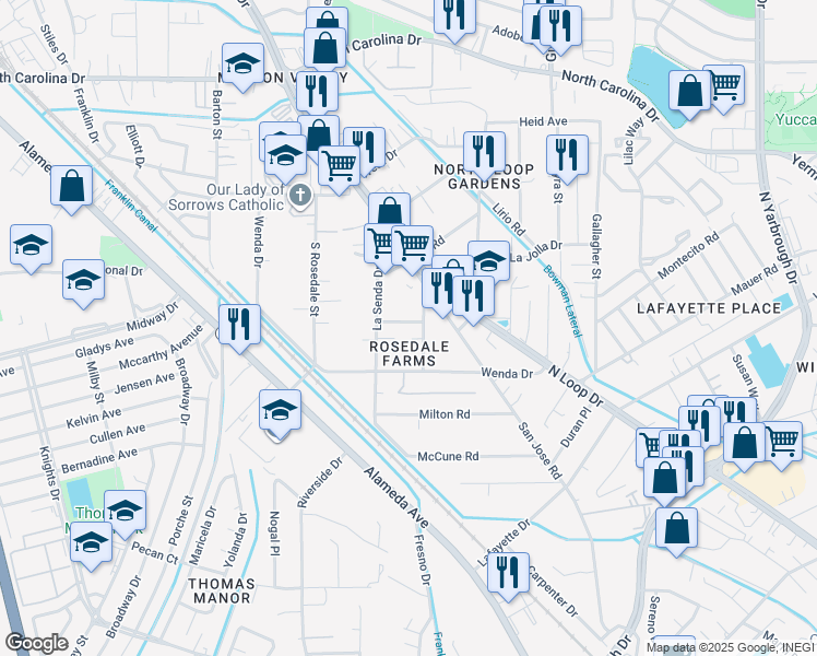 map of restaurants, bars, coffee shops, grocery stores, and more near 7822 San Jose Road in El Paso