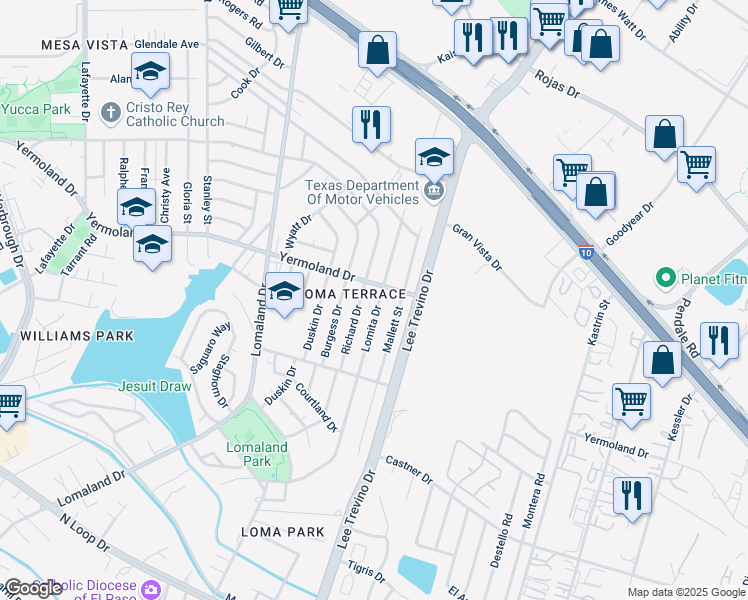 map of restaurants, bars, coffee shops, grocery stores, and more near 1001 Lomita Drive in El Paso