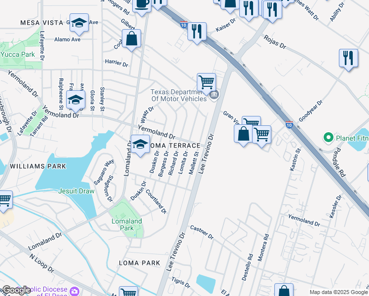 map of restaurants, bars, coffee shops, grocery stores, and more near 1001 Lomita Drive in El Paso