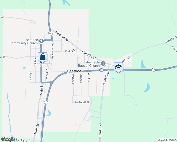 map of restaurants, bars, coffee shops, grocery stores, and more near 17688 Alabama 21 in Beatrice