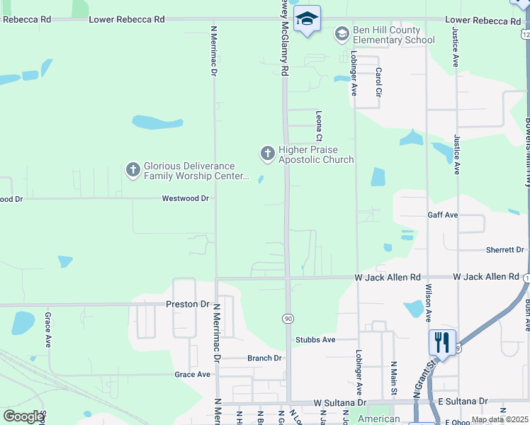 map of restaurants, bars, coffee shops, grocery stores, and more near 224 Dewey McGlamry Road in Fitzgerald