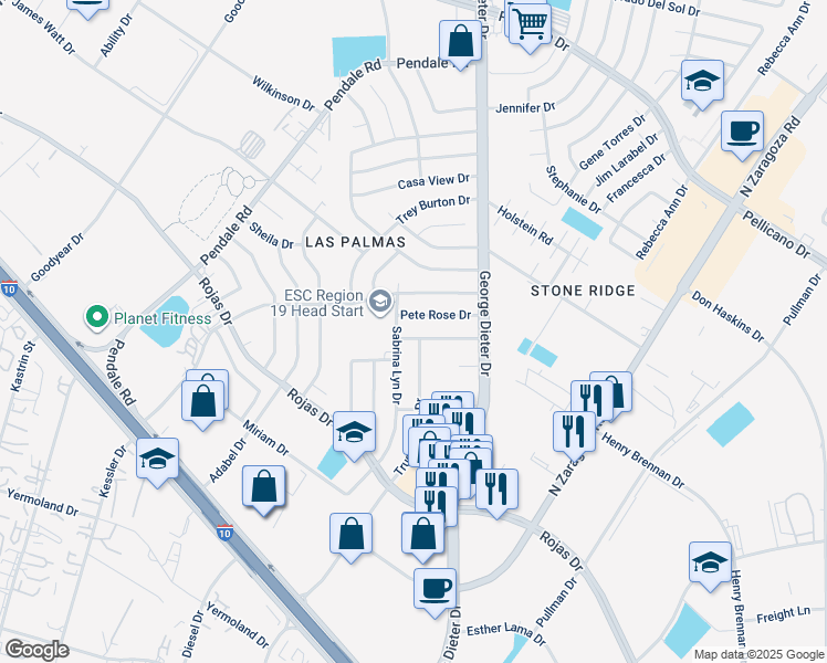 map of restaurants, bars, coffee shops, grocery stores, and more near 11800 Pete Rose Drive in El Paso