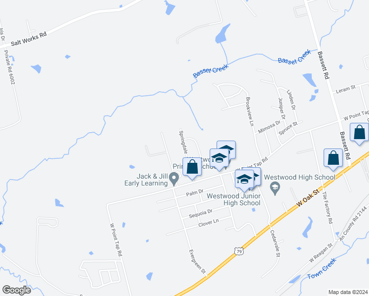 map of restaurants, bars, coffee shops, grocery stores, and more near 208 Springdale in Palestine
