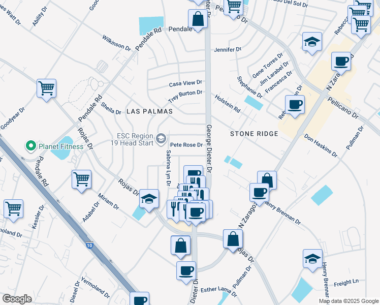 map of restaurants, bars, coffee shops, grocery stores, and more near 11829 Taffy Bagley Drive in El Paso