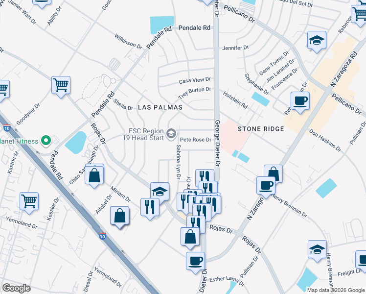 map of restaurants, bars, coffee shops, grocery stores, and more near 11800 Pete Rose Drive in El Paso