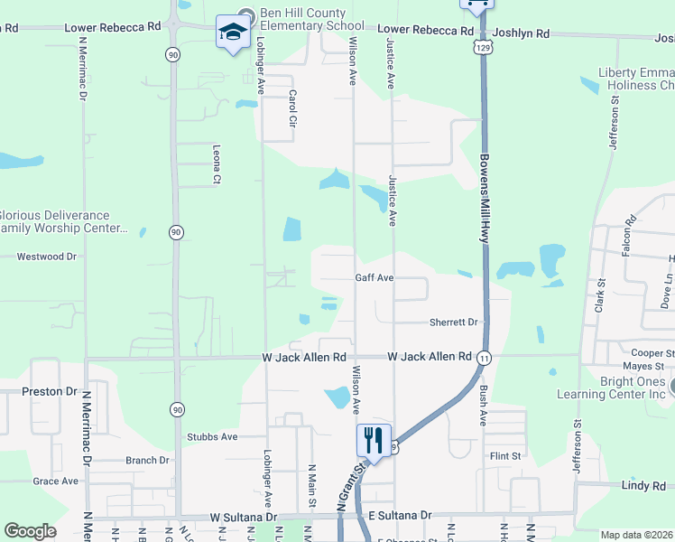 map of restaurants, bars, coffee shops, grocery stores, and more near 110 Dylan Court in Fitzgerald