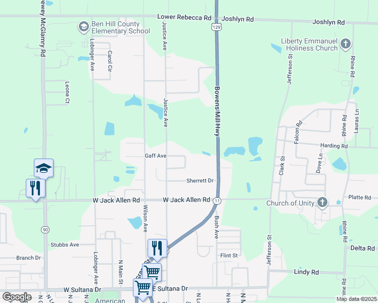map of restaurants, bars, coffee shops, grocery stores, and more near 129 Susan Circle in Fitzgerald