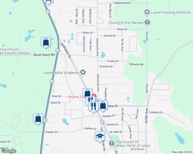 map of restaurants, bars, coffee shops, grocery stores, and more near 3472-3598 University Avenue in Laurel
