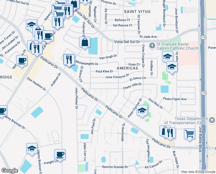 map of restaurants, bars, coffee shops, grocery stores, and more near 12074 El Greco Circle in El Paso