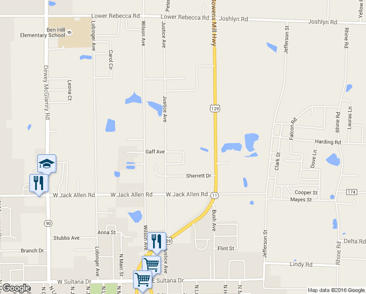 map of restaurants, bars, coffee shops, grocery stores, and more near 129 Susan Circle in Fitzgerald