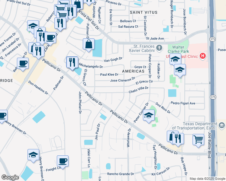 map of restaurants, bars, coffee shops, grocery stores, and more near 12069 Chato Villa Drive in El Paso