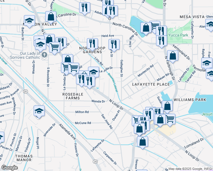 map of restaurants, bars, coffee shops, grocery stores, and more near 433 Grace Place in El Paso