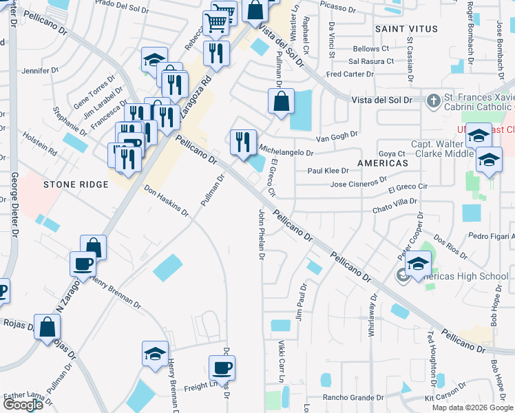 map of restaurants, bars, coffee shops, grocery stores, and more near 11970 Pellicano Drive in El Paso