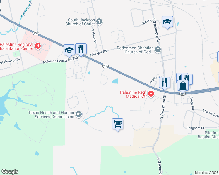 map of restaurants, bars, coffee shops, grocery stores, and more near 301 Willow Creek Parkway in Palestine