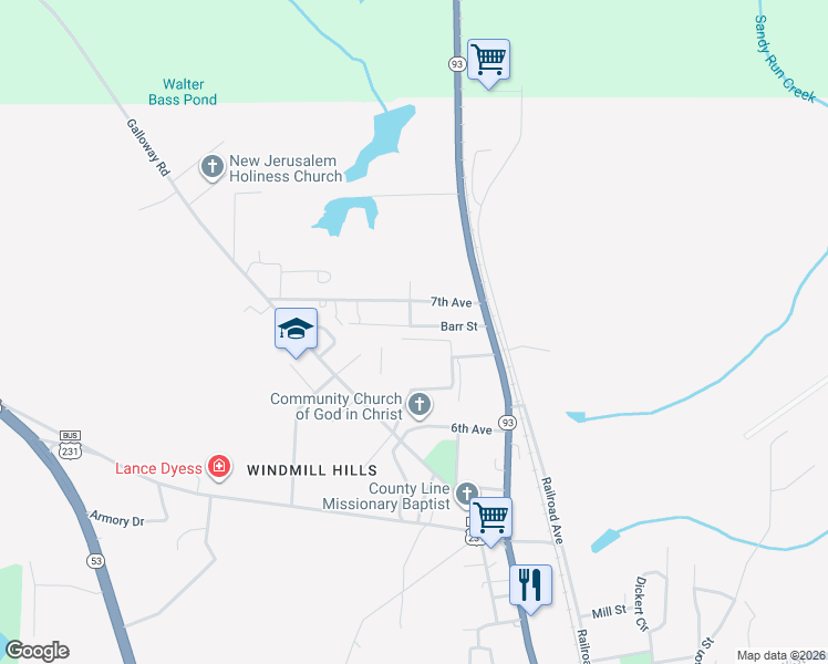 map of restaurants, bars, coffee shops, grocery stores, and more near 299 Barr Street in Brundidge