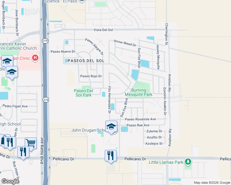 map of restaurants, bars, coffee shops, grocery stores, and more near 12537 Twin Leaf Drive in El Paso