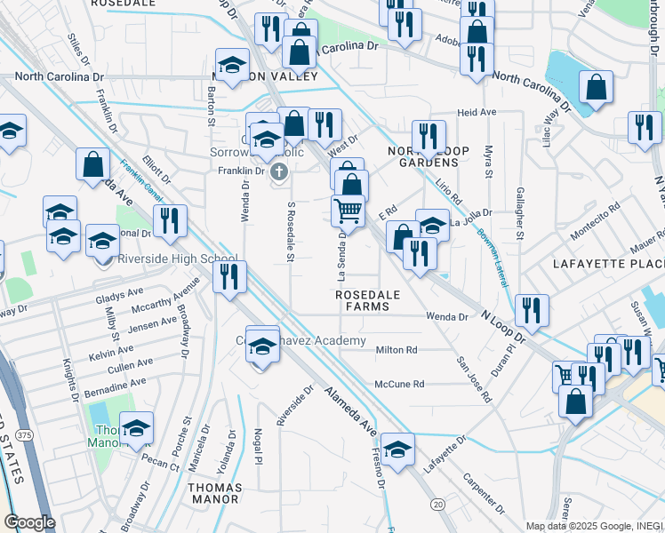 map of restaurants, bars, coffee shops, grocery stores, and more near 7850 La Senda Drive in El Paso