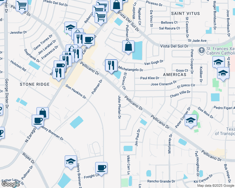 map of restaurants, bars, coffee shops, grocery stores, and more near 11970 Pellicano Drive in El Paso
